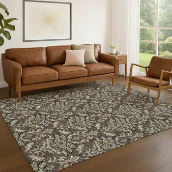 8' X 10' Chocolate Copper And Black Damask Washable Indoor Outdoor Area Rug