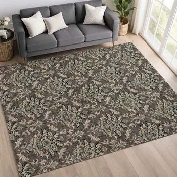 8' X 10' Chocolate Copper And Black Damask Washable Indoor Outdoor Area Rug