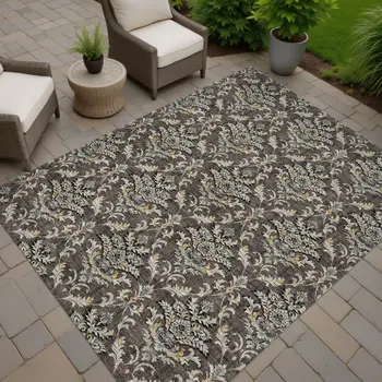9' X 12' Chocolate Copper And Black Damask Washable Indoor Outdoor Area Rug