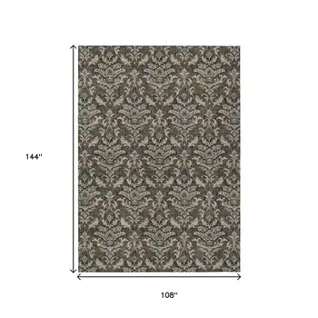 9' X 12' Chocolate Copper And Black Damask Washable Indoor Outdoor Area Rug