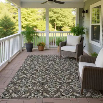 9' X 12' Chocolate Copper And Black Damask Washable Indoor Outdoor Area Rug