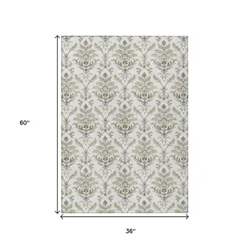 3' X 5' Ivory Copper And Gray Damask Washable Indoor Outdoor Area Rug