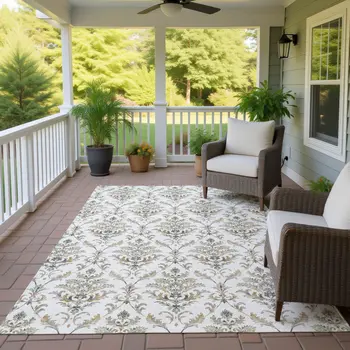 5' X 8' Ivory Copper And Gray Damask Washable Indoor Outdoor Area Rug