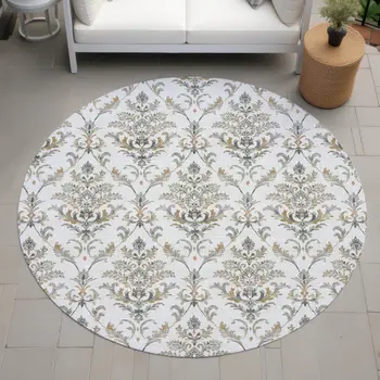 8' Ivory Copper And Gray Round Damask Washable Indoor Outdoor Area Rug