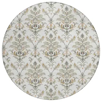 8' Ivory Copper And Gray Round Damask Washable Indoor Outdoor Area Rug