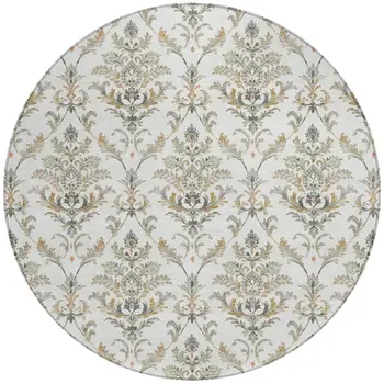 8' Ivory Copper And Gray Round Damask Washable Indoor Outdoor Area Rug