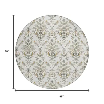 8' Ivory Copper And Gray Round Damask Washable Indoor Outdoor Area Rug