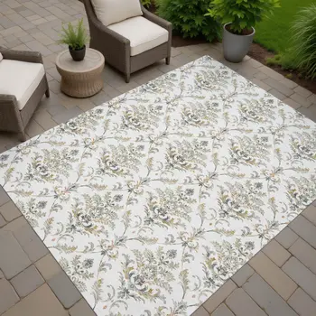 9' X 12' Ivory Copper And Gray Damask Washable Indoor Outdoor Area Rug