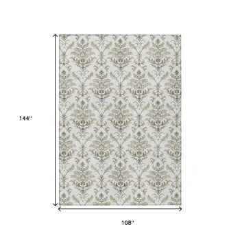 9' X 12' Ivory Copper And Gray Damask Washable Indoor Outdoor Area Rug