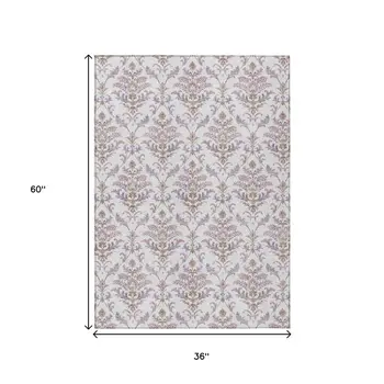 3' X 5' Lavender And Ivory Damask Washable Indoor Outdoor Area Rug
