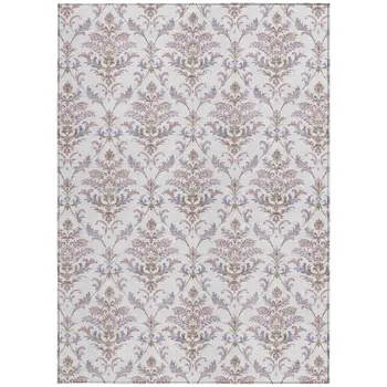 3' X 5' Lavender And Ivory Damask Washable Indoor Outdoor Area Rug