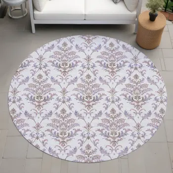 8' Lavender And Ivory Round Damask Washable Indoor Outdoor Area Rug