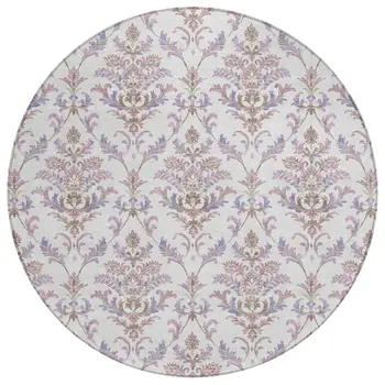 8' Lavender And Ivory Round Damask Washable Indoor Outdoor Area Rug