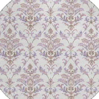8' Lavender And Ivory Round Damask Washable Indoor Outdoor Area Rug