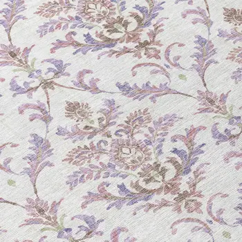 8' Lavender And Ivory Round Damask Washable Indoor Outdoor Area Rug