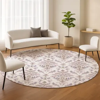8' Lavender And Ivory Round Damask Washable Indoor Outdoor Area Rug