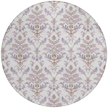 8' Lavender And Ivory Round Damask Washable Indoor Outdoor Area Rug