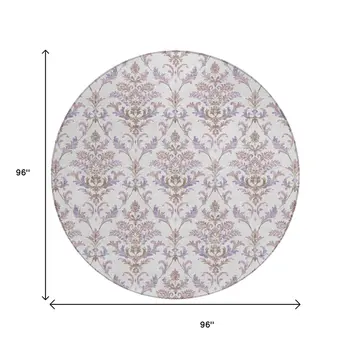 8' Lavender And Ivory Round Damask Washable Indoor Outdoor Area Rug