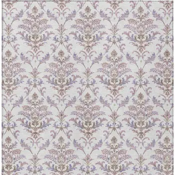 8' X 10' Lavender And Ivory Damask Washable Indoor Outdoor Area Rug