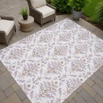 8' X 10' Lavender And Ivory Damask Washable Indoor Outdoor Area Rug