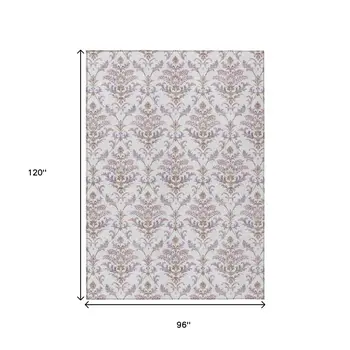 8' X 10' Lavender And Ivory Damask Washable Indoor Outdoor Area Rug