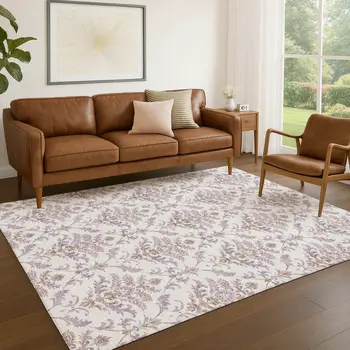 8' X 10' Lavender And Ivory Damask Washable Indoor Outdoor Area Rug