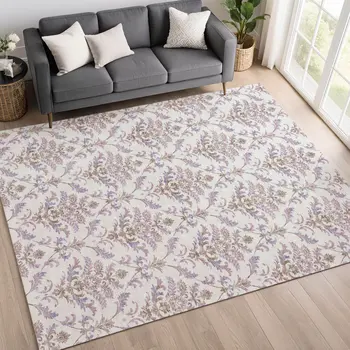 8' X 10' Lavender And Ivory Damask Washable Indoor Outdoor Area Rug