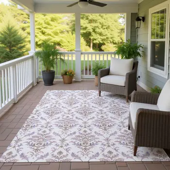 8' X 10' Lavender And Ivory Damask Washable Indoor Outdoor Area Rug