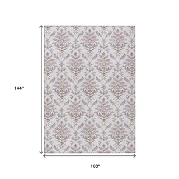 9' X 12' Lavender And Ivory Damask Washable Indoor Outdoor Area Rug