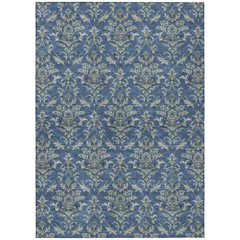 5' X 8' Navy Blue Wheat And Ivory Damask Washable Indoor Outdoor Area Rug