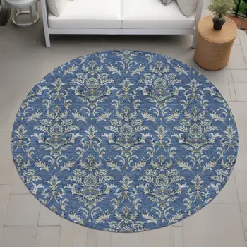 8' Navy Blue Wheat And Ivory Round Damask Washable Indoor Outdoor Area Rug