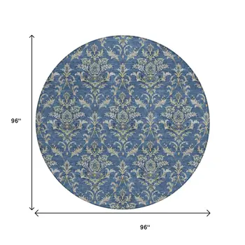 8' Navy Blue Wheat And Ivory Round Damask Washable Indoor Outdoor Area Rug