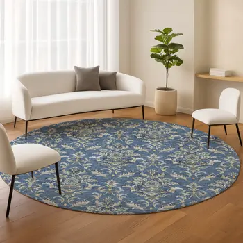 8' Navy Blue Wheat And Ivory Round Damask Washable Indoor Outdoor Area Rug