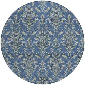 8' Navy Blue Wheat And Ivory Round Damask Washable Indoor Outdoor Area Rug