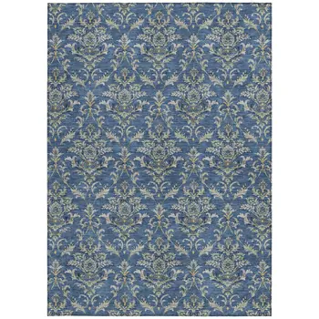 8' X 10' Navy Blue Wheat And Ivory Damask Washable Indoor Outdoor Area Rug