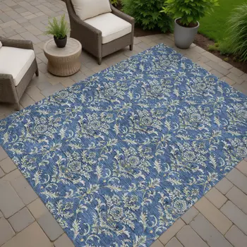 9' X 12' Navy Blue Wheat And Ivory Damask Washable Indoor Outdoor Area Rug