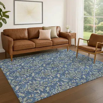 9' X 12' Navy Blue Wheat And Ivory Damask Washable Indoor Outdoor Area Rug
