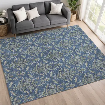 9' X 12' Navy Blue Wheat And Ivory Damask Washable Indoor Outdoor Area Rug
