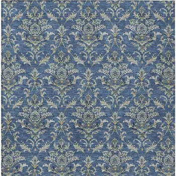 10' X 14' Navy Blue Wheat And Ivory Damask Washable Indoor Outdoor Area Rug