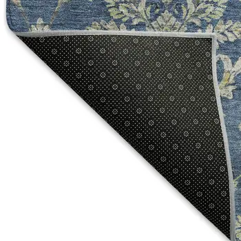 10' X 14' Navy Blue Wheat And Ivory Damask Washable Indoor Outdoor Area Rug