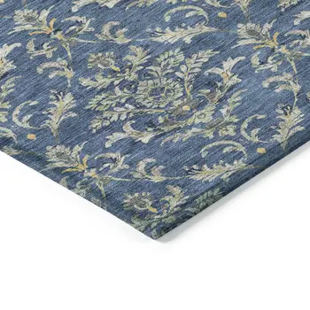 10' X 14' Navy Blue Wheat And Ivory Damask Washable Indoor Outdoor Area Rug