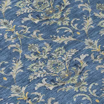 10' X 14' Navy Blue Wheat And Ivory Damask Washable Indoor Outdoor Area Rug