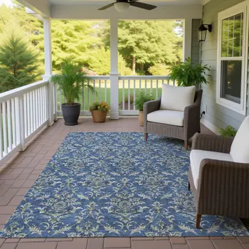 10' X 14' Navy Blue Wheat And Ivory Damask Washable Indoor Outdoor Area Rug
