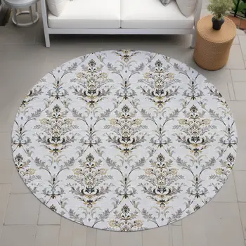 8' Silver Blue And Gray Round Damask Washable Indoor Outdoor Area Rug