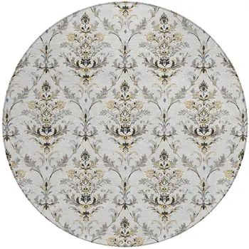 8' Silver Blue And Gray Round Damask Washable Indoor Outdoor Area Rug
