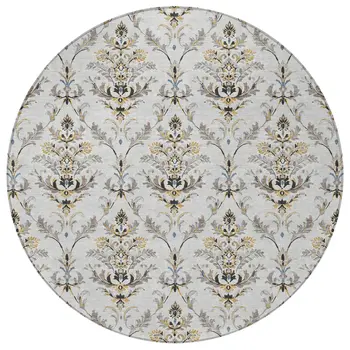8' Silver Blue And Gray Round Damask Washable Indoor Outdoor Area Rug