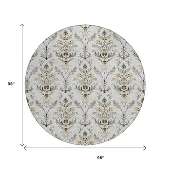 8' Silver Blue And Gray Round Damask Washable Indoor Outdoor Area Rug