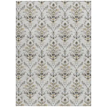 9' X 12' Silver Blue And Gray Damask Washable Indoor Outdoor Area Rug