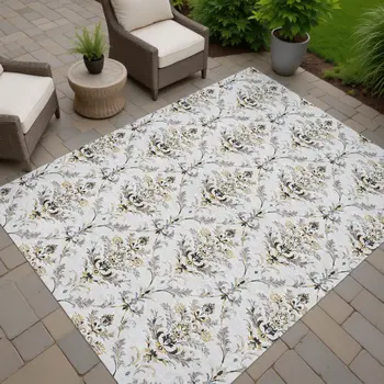 10' X 14' Silver Blue And Gray Damask Washable Indoor Outdoor Area Rug