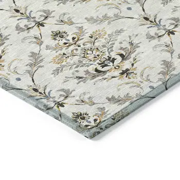 10' X 14' Silver Blue And Gray Damask Washable Indoor Outdoor Area Rug